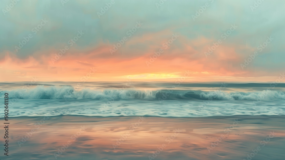 Serene sunrise over the ocean with gentle waves on an empty beach. Concepts of tranquility, calming rhythms and peaceful morning. Serene sunrise over the ocean with gentle waves on an empty beach. Concepts of tranquility, calming rhythms and peaceful morning.