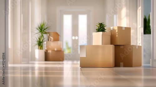 A cozy interior with stacked boxes and plants, perfect for home moving or organization themes.