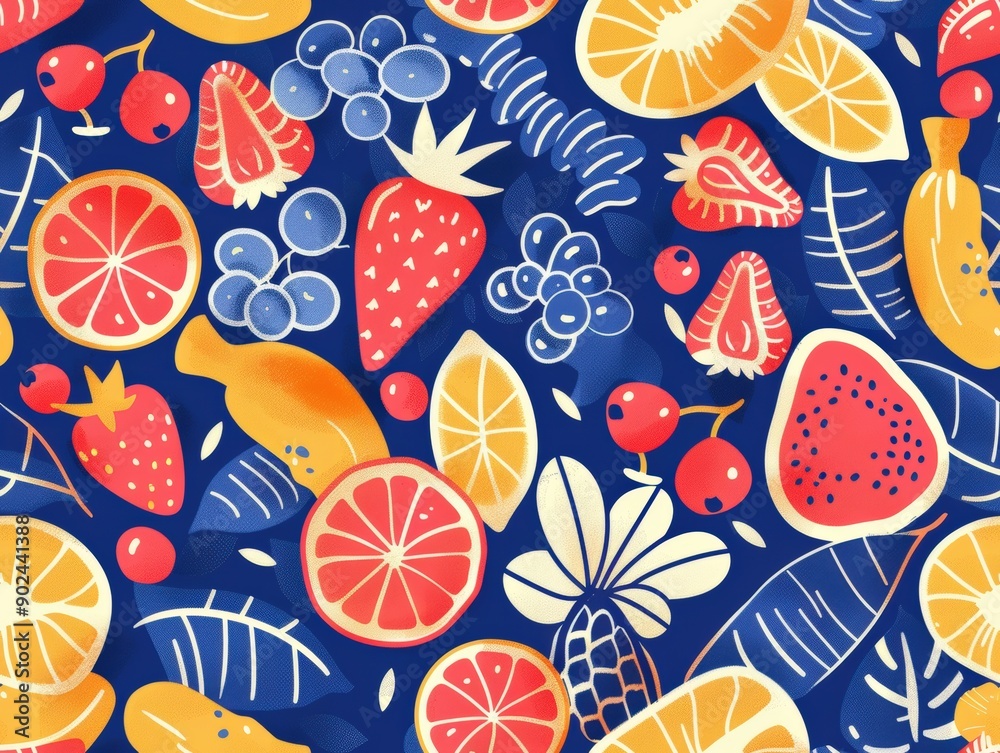 Seamless pattern featuring a cute and colorful design of fruits and flowers, ideal for summer or holiday-themed wallpaper and decor