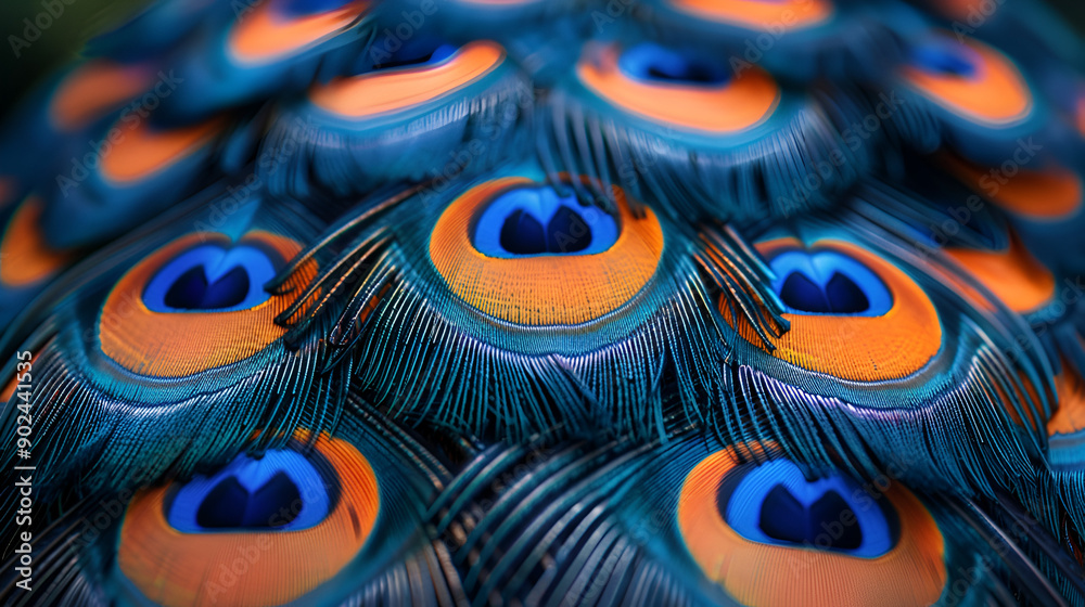 Close up photo of a pile of Peacock patterned bird feathers Close up photo of a pile of Peacock patterned bird feathers