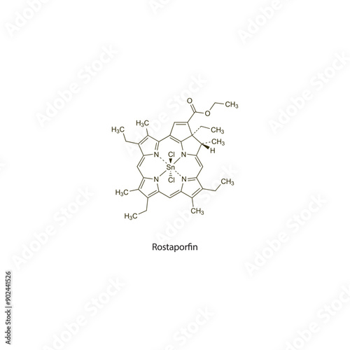 Rostaporfin flat skeletal molecular structure photosensitizer drug used in cancer treatment. Vector illustration scientific diagram.