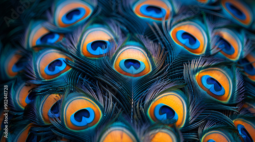 Close up photo of a pile of Peacock patterned bird feathers photo