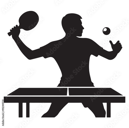 Silhouette of Athletic Man Playing Table Tennis with Racket and Ball
