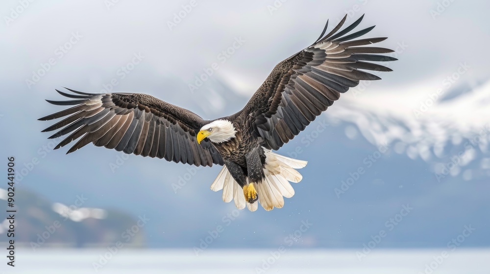 Naklejka premium Bald eagle soaring over Alaska Bay near Homer
