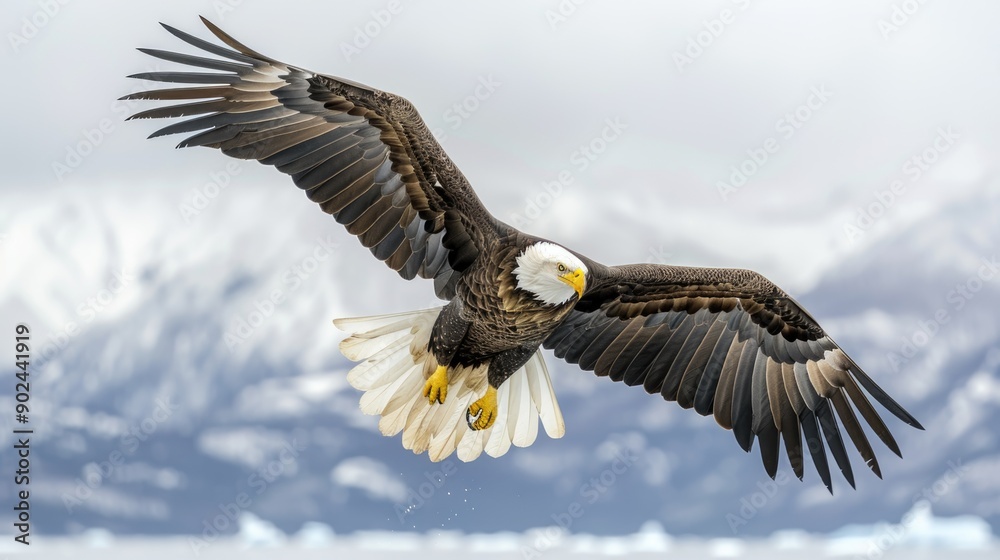 Fototapeta premium Bald eagle soaring over Alaska Bay near Homer
