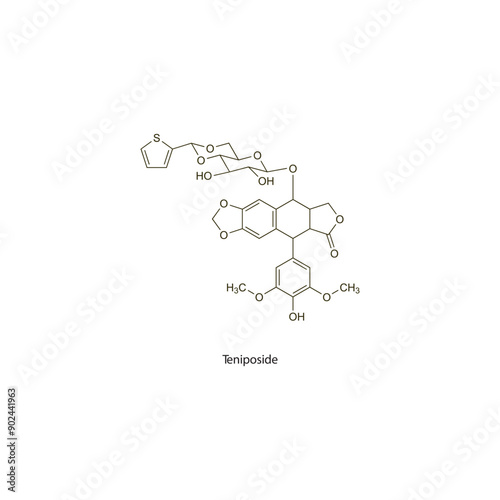 Teniposide flat skeletal molecular structure Antineoplastic drug used in cancer treatment. Vector illustration scientific diagram.