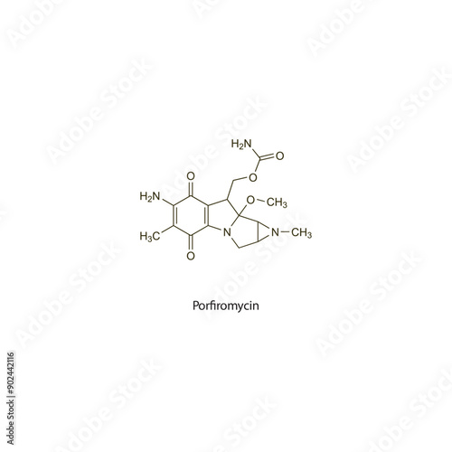 Porfiromycin flat skeletal molecular structure Antineoplastic drug used in cancer treatment. Vector illustration scientific diagram.
