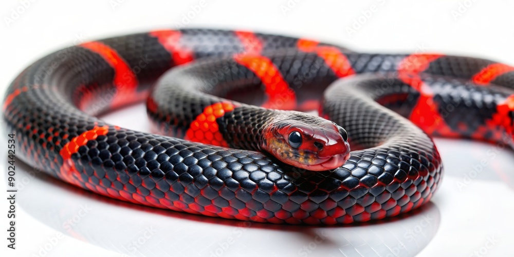 Fototapeta premium Black and red snake slithering in vibrant color combination , wildlife, reptile, pattern, exotic, dangerous, venomous, scales