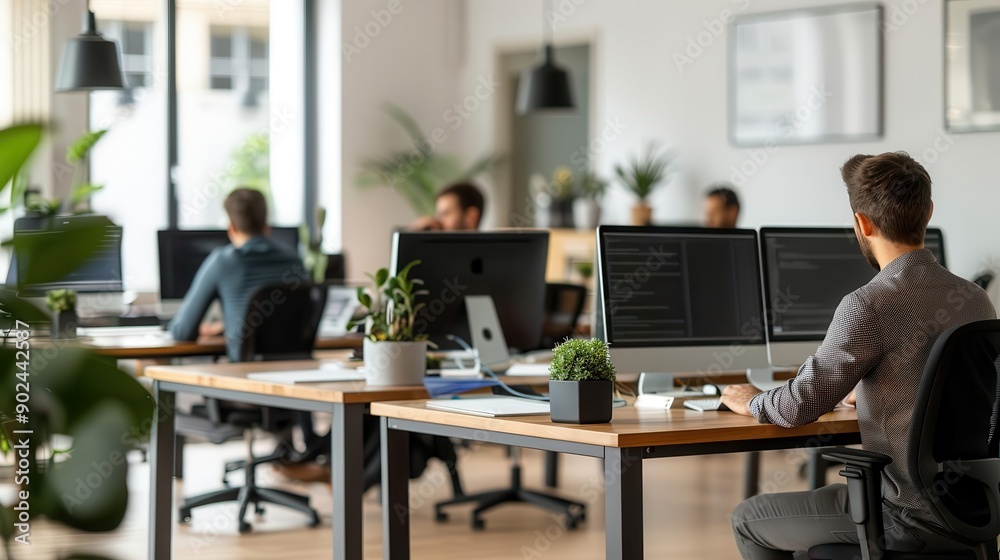 Corporate office with rows of desks, employees busy at computers, high productivity Corporate office with rows of desks, employees busy at computers, high productivity