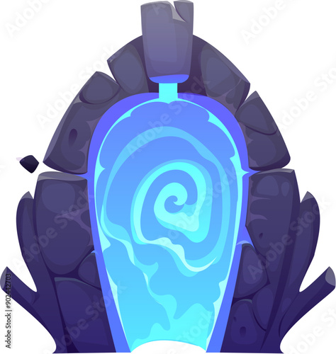 Magic portal door, fantasy stone arch game asset. Isolated vector blue ancient doorway with a swirling pattern, framed by a dark rock arc, emits a soft glow. fantasy or sci fi game gate, teleport door