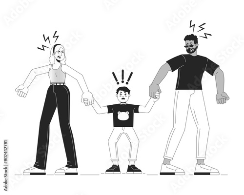 Dysfunctional family dynamic black and white flat line illustration. Yelling parents, scared child boy 2D lineart characters isolated. Childhood trauma. Divorce quarrel monochrome vector outline image