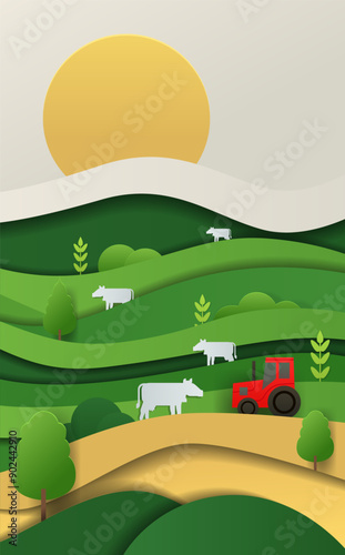 Farm landscape with cows and tractor. Rolling green hills yellow sun trees and plants in paper cut style. Rural scenery with agricultural elements. Paper cut style