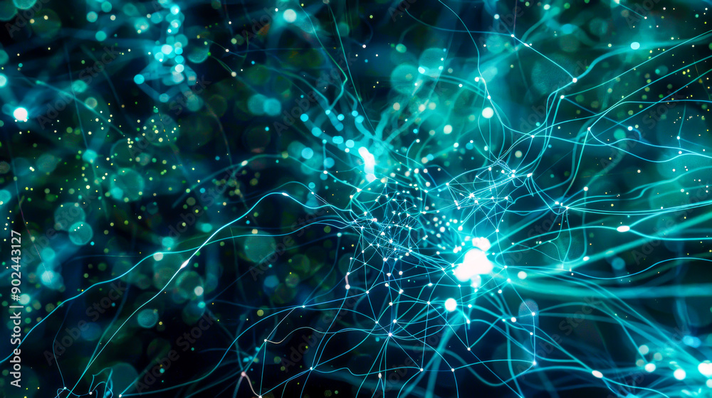 Digital backdrop with glowing turquoise neural network connections, symbolizing artificial intelligence and complex data systems. Concept of neural networks, advanced technology, digital connectivity Digital backdrop with glowing turquoise neural network connections, symbolizing artificial intelligence and complex data systems. Concept of neural networks, advanced technology, digital connectivity