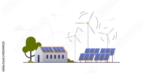 Green city center with private houses and solar energy panels, windmills, eco town renewable energy ecology concept.	

