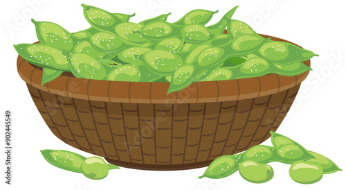 かごに入った枝豆のイラストアイコン／濃茶のかご、塩付き