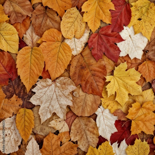 A detailed, close-up view of various colorful autumn leaves layered together, showcasing their textures and vibrant hues. Ideal for nature and seasonal themes.