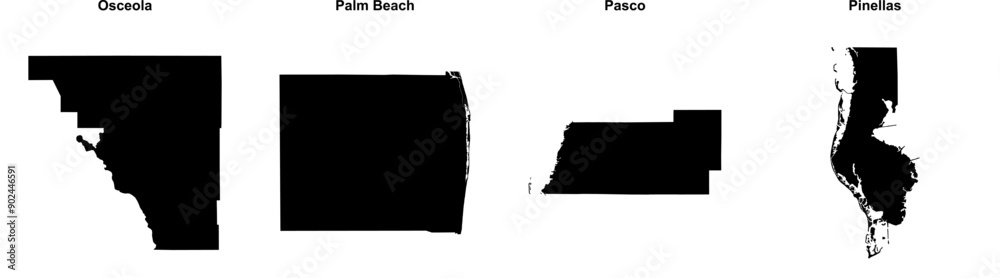 Obraz premium Osceola, Palm Beach, Pasco, Pinellas outline maps