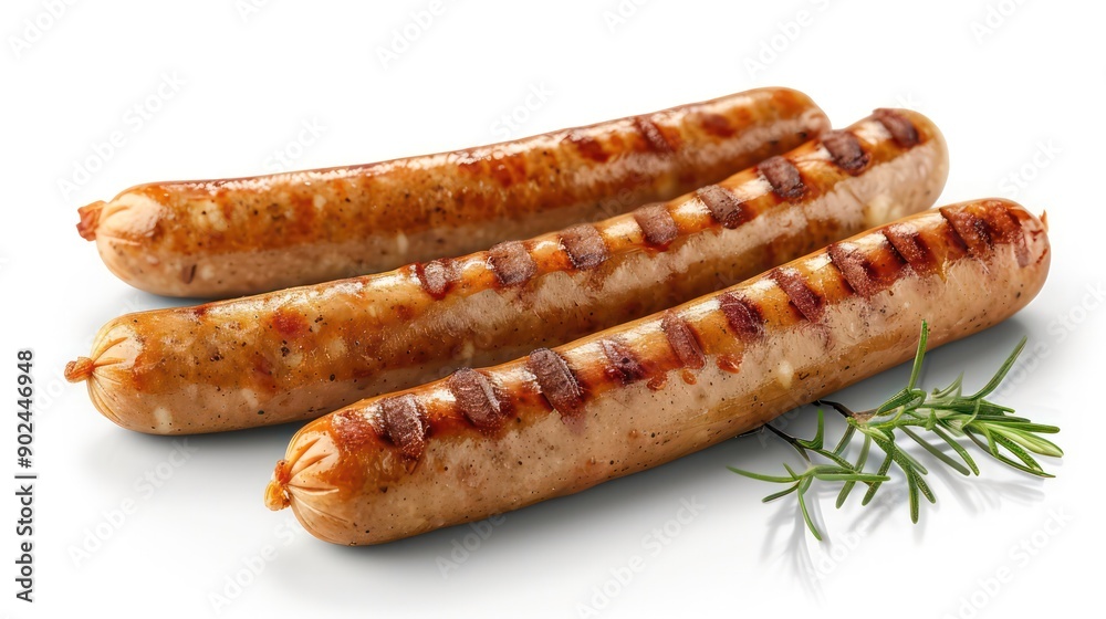 Grilled sausages,Close-up of sausages against white background.Generative AI Grilled sausages,Close-up of sausages against white background.Generative AI