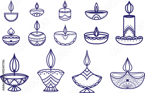 Line art diwali candle set element for Diwali lights festival
