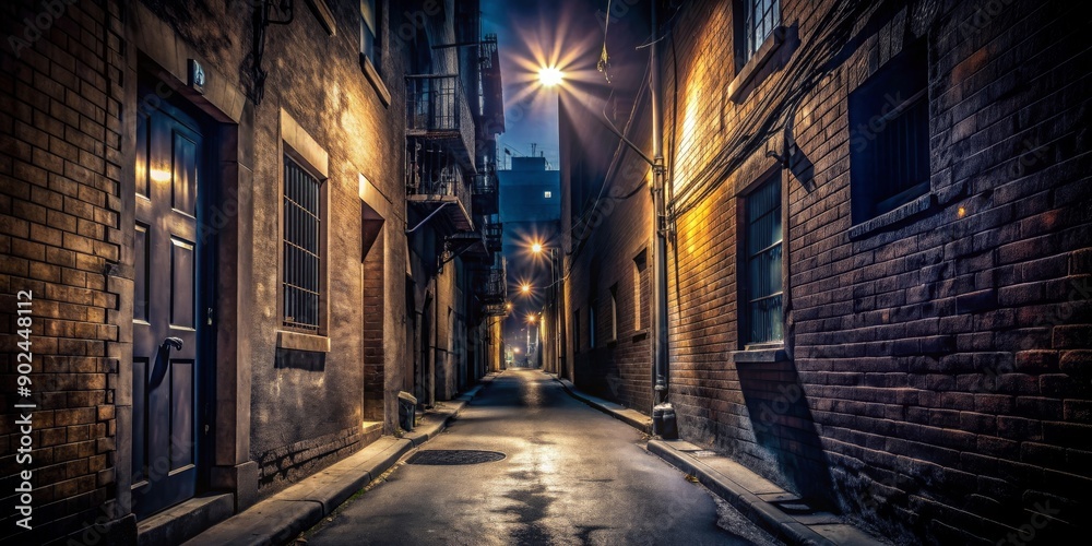 Dark alleyway with looming shadows creating an atmosphere of fear and danger, dark, alleyway, shadows, fear, danger, mysterious Dark alleyway with looming shadows creating an atmosphere of fear and danger, dark, alleyway, shadows, fear, danger, mysterious