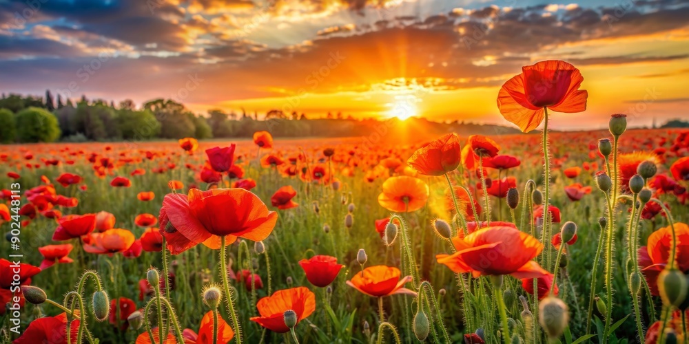 Fototapeta premium Vibrant poppy field illuminated by the warm glow of sunset , poppies, red flowers, field, nature, sunset, landscape, colorful