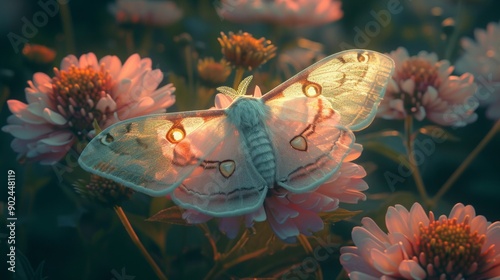 This double exposure photograph captures a moth resting on a blooming flower, with its body glowing in beautiful light, rendered in a unique knitted style. Created with AI generative. photo