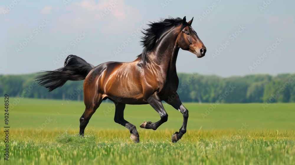 Bay horse in motion on on green grass Bay horse in motion on on green grass