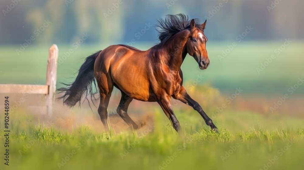 Fototapeta premium Bay horse in motion on on green grass