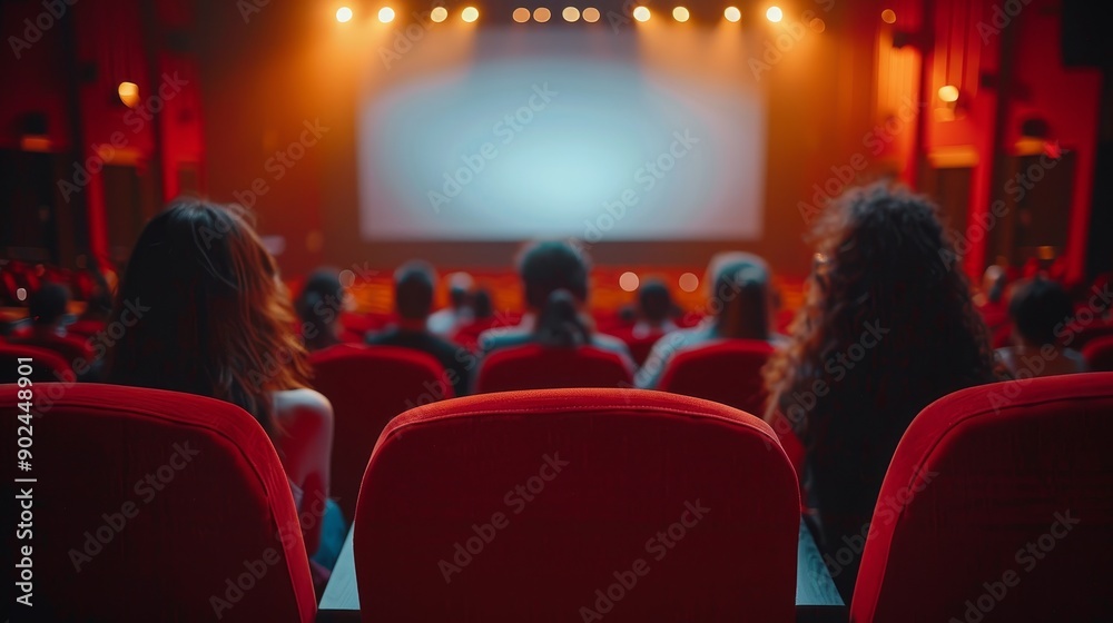 People in the cinema auditorium with Cinema blank wide screen and red chairs in the cinema hall,People silhouettes watching movie performance,empty white screen,space for text. People in the cinema auditorium with Cinema blank wide screen and red chairs in the cinema hall,People silhouettes watching movie performance,empty white screen,space for text.
