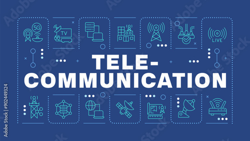 Telecommunication dark blue word concept. Signal transmission. Radio and internet. Horizontal vector image. Headline text surrounded by editable outline icons. Hubot Sans font used