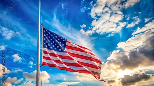 The American flag is flown at half-staff against a blue sky with clouds, symbolizing grief and mourning. This image reflects a solemn tribute and national solidarity during a time of loss.