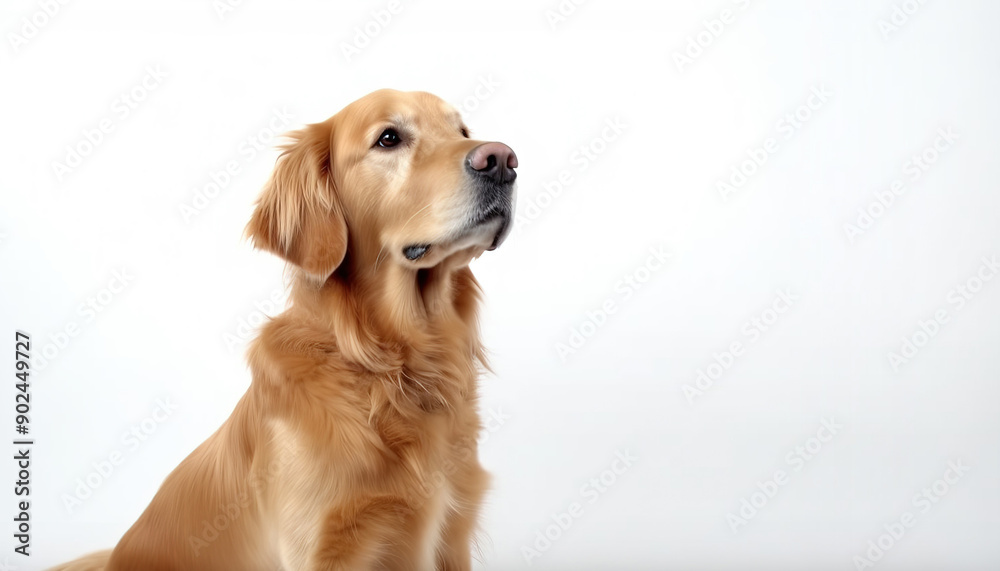Golden retriever dog on yellow background closeup Copy space
