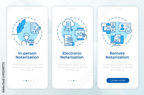 Notary methods blue onboarding mobile app screen. Walkthrough 3 steps editable graphic instructions with linear concepts. UI, UX, GUI template. Montserrat SemiBold, Regular fonts used