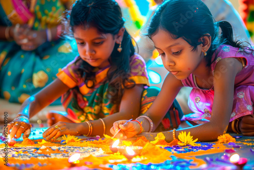 Children Creating Rangoli Designs for Diwali Celebration