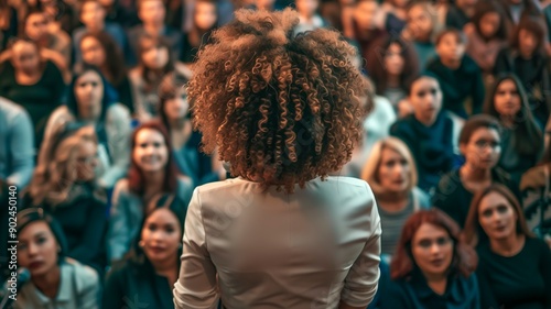A woman delivers a powerful speech on empowerment, feminism, and equality at a conference. Ideal for themes of activism, leadership, and social change.
