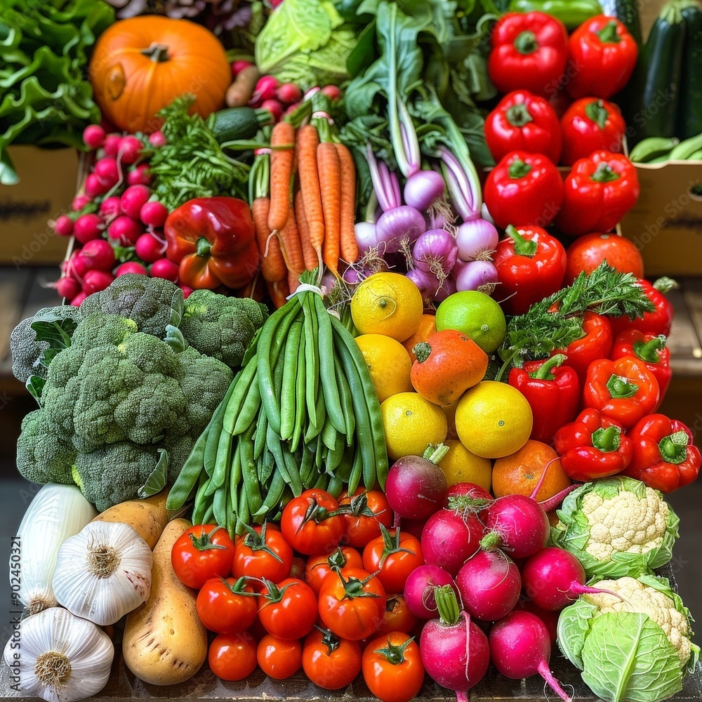 Vibrant Display of Fresh Organic Vegetables in Market Vibrant Display of Fresh Organic Vegetables in Market