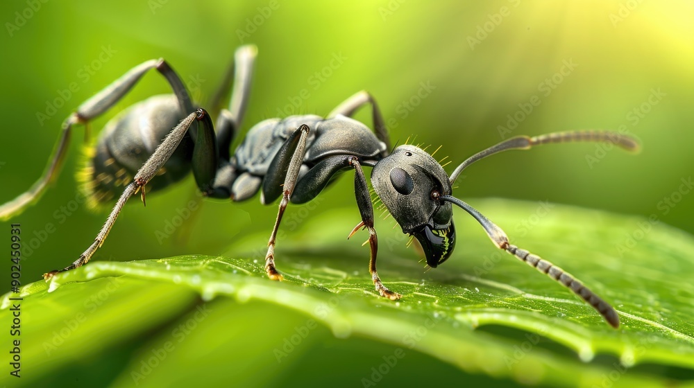 A black ant resting on green leaf A black ant resting on green leaf