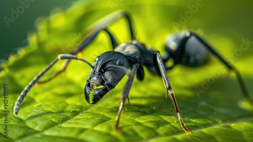 A black ant resting on green leaf