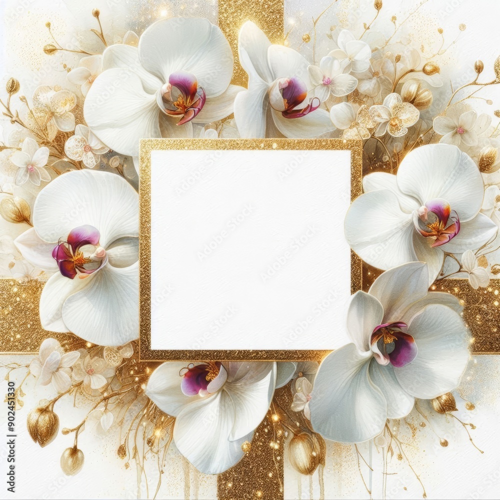 Elegant floral frame featuring white orchids and gold accents, perfect for invitations or announcements. Elegant floral frame featuring white orchids and gold accents, perfect for invitations or announcements.