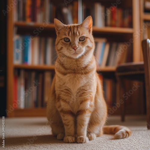 Wallpaper Mural Elegant Cat Sitting in Home Library – Intelligence and Serenity Concept Torontodigital.ca
