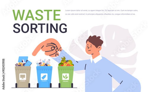 Waste sorting illustration man sorting trash into labeled bins for e-waste plastic and organic colorful bins hand pointing large leaf background