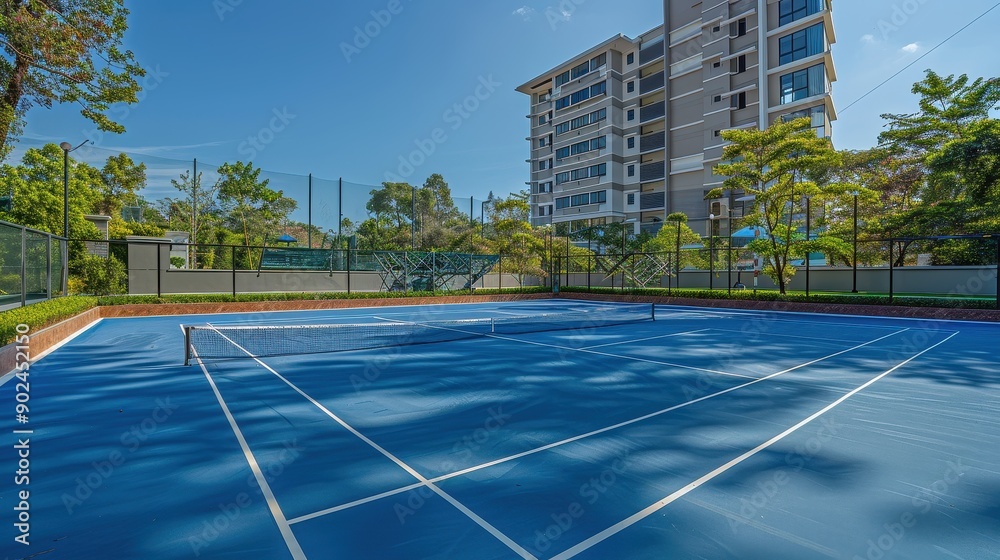 Empty public tennis court during the day with a cloudy sky in park Empty public tennis court during the day with a cloudy sky in park