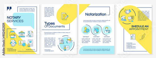Notarization service blue and yellow brochure template. Leaflet design with linear icons. Editable 4 vector layouts for presentation, annual reports. Questrial, Lato-Regular fonts used