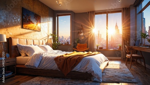 Modern Bedroom with City Skyline View and Sunrise.