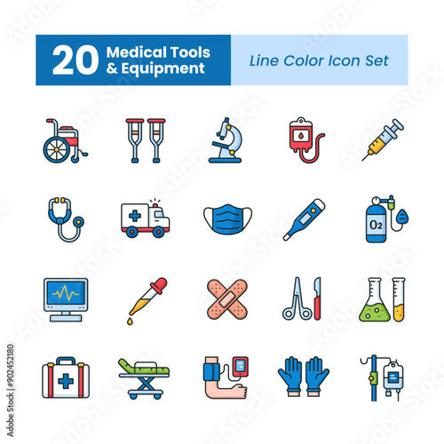 Medical tools and equipment icon set in outline color style
