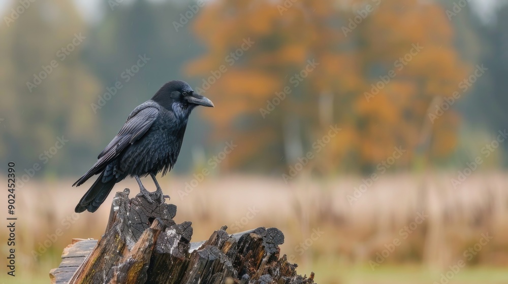 Common raven (Corvus corax), perched on a log. Wild animal life Common raven (Corvus corax), perched on a log. Wild animal life