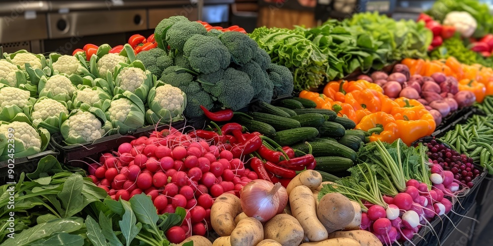 Vibrant Display of Fresh Organic Vegetables in Market Vibrant Display of Fresh Organic Vegetables in Market
