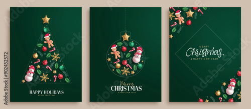 Christmas greetings green card vector poster set. Merry christmas, happy holidays and new year card collection with xmas decoration elements in green elegant background. Vector illustration holiday 