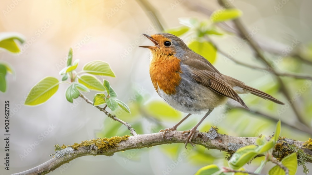 Robin (Erithacus rubecula) singing on branch. Bird in family Turdidae, with beak open in profile, making evening song Robin (Erithacus rubecula) singing on branch. Bird in family Turdidae, with beak open in profile, making evening song