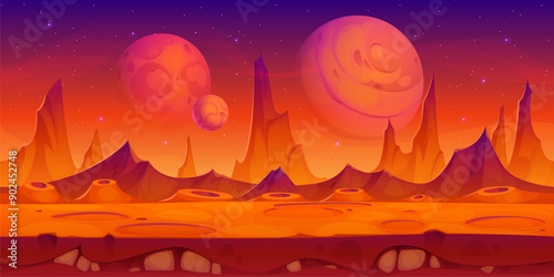 Space red planet surface, mars desert and mountains landscape with craters under a starry night sky. Vector game level scene, otherworldly background with alien Martian terrain and large moons above